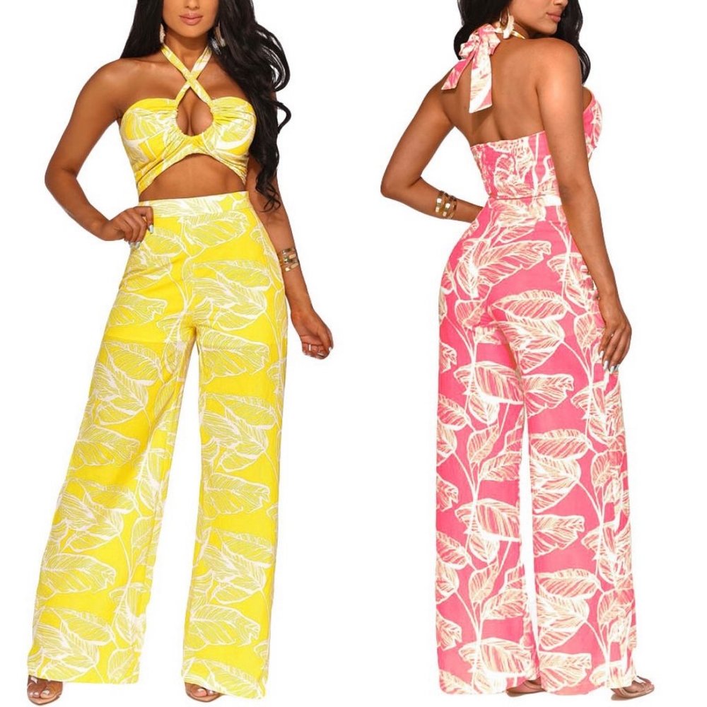 Floral Print Halter Neck Cut Out Wide Leg Jumpsuit